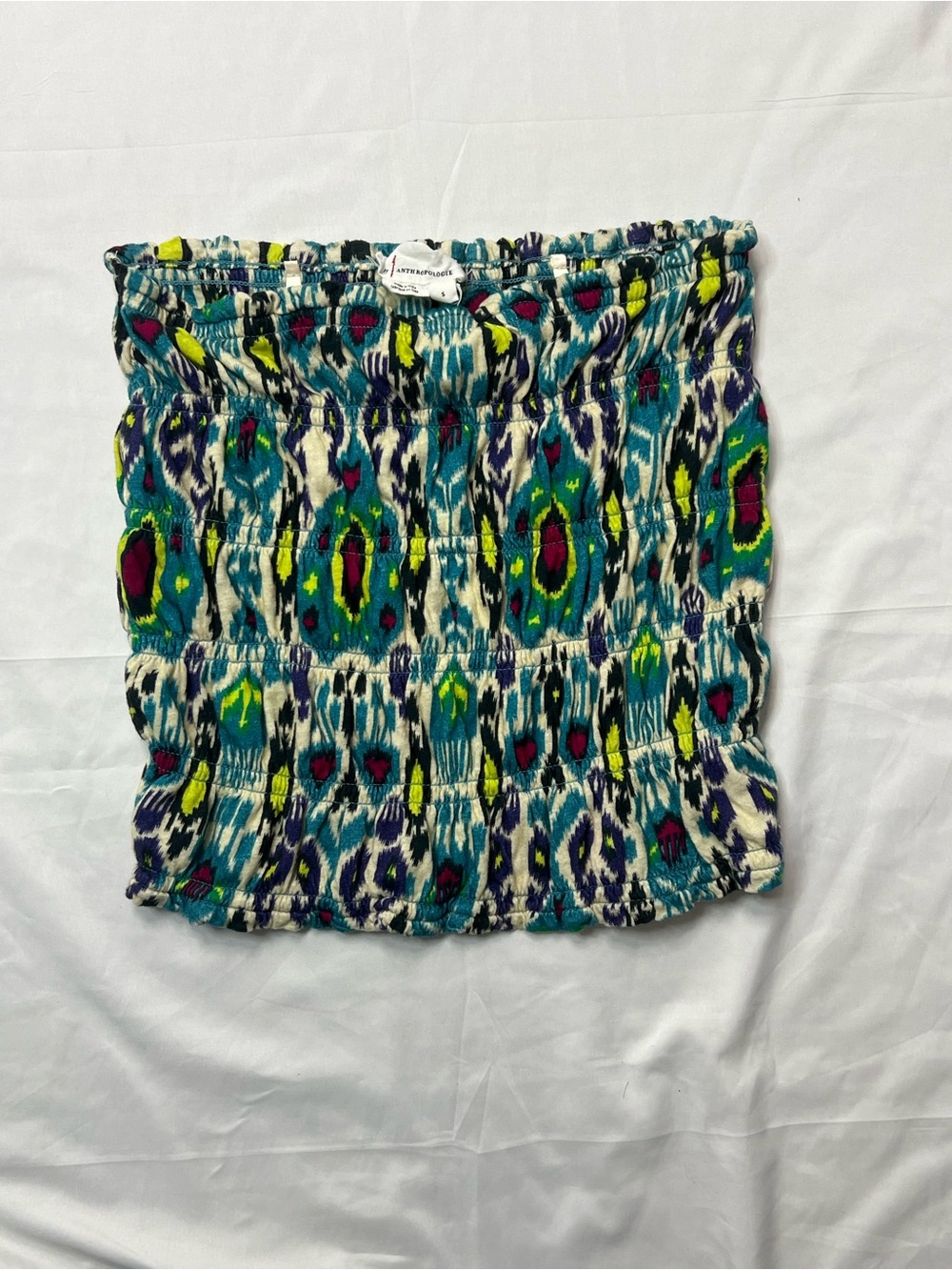 Anthropologie Multicolor Ikat Smocked Top - Teal, Lime & Magenta
